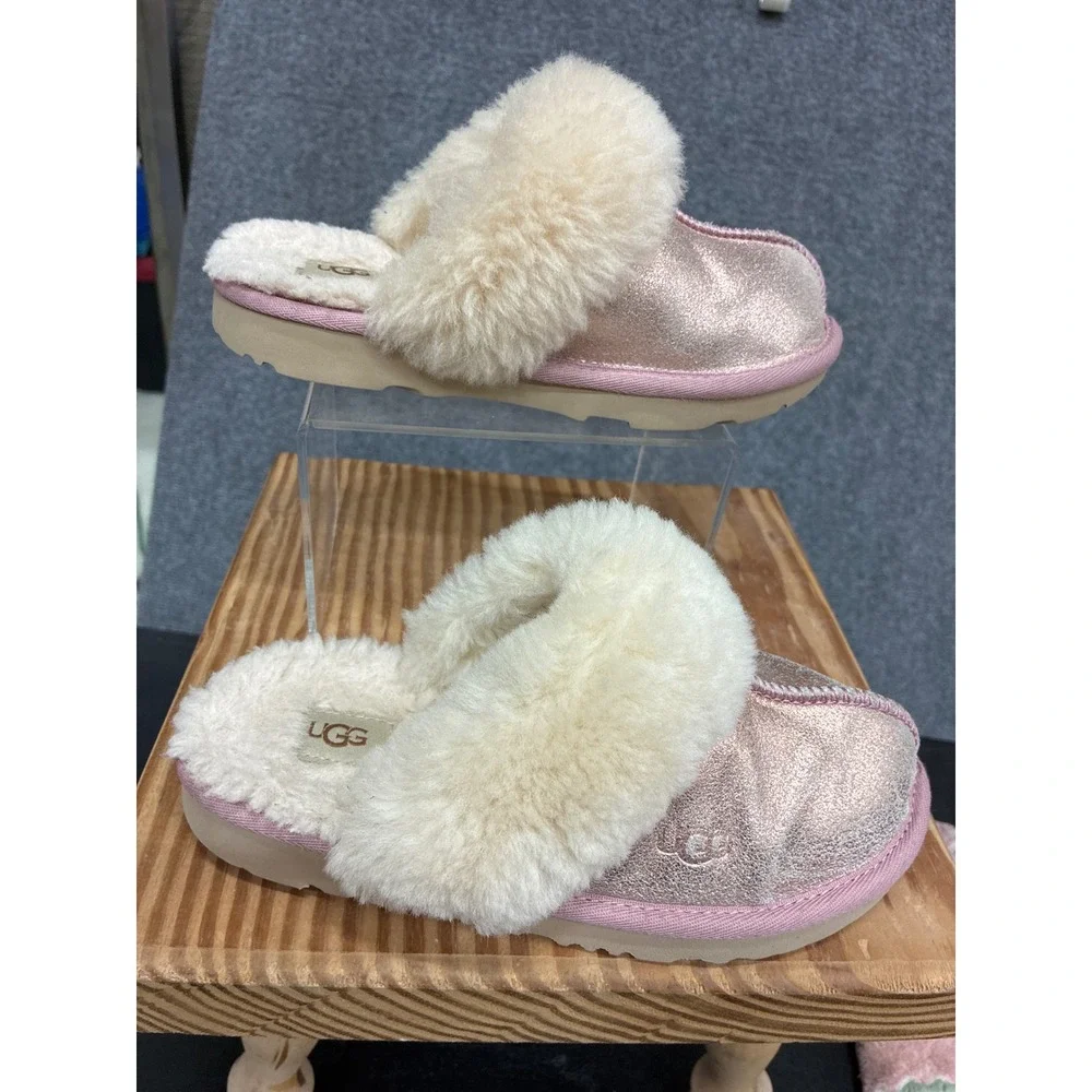 UGG Coquette Metallic Rose Pink Sheepskin Slippers Slides Girls Size 13